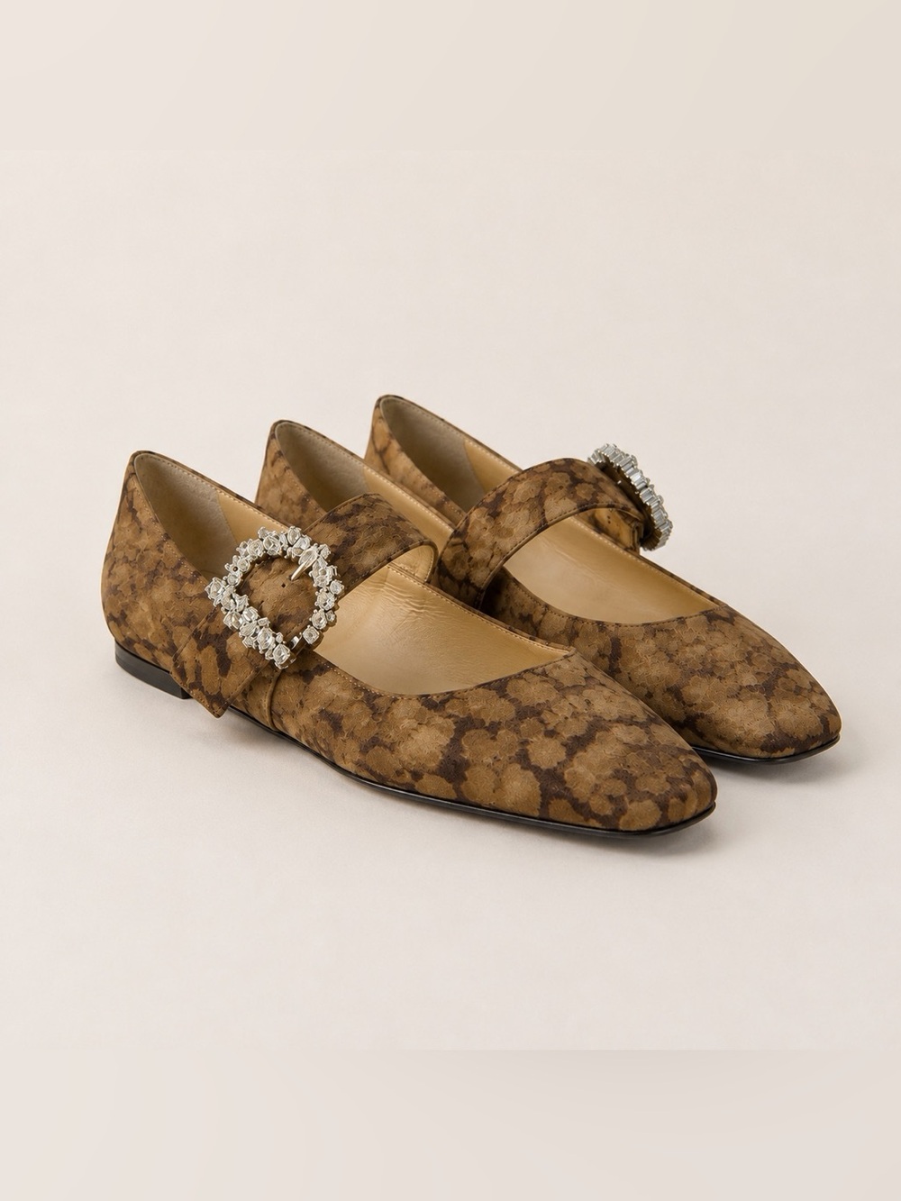 Jimmy Choo Cheri Brown Patterned Flats with Crystal Buckle 38